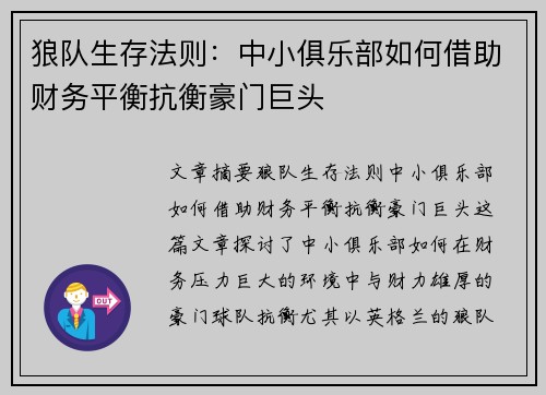 狼队生存法则：中小俱乐部如何借助财务平衡抗衡豪门巨头