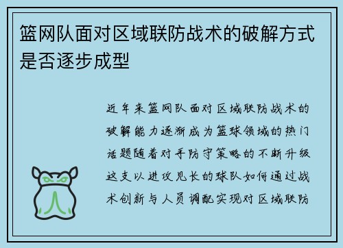 篮网队面对区域联防战术的破解方式是否逐步成型